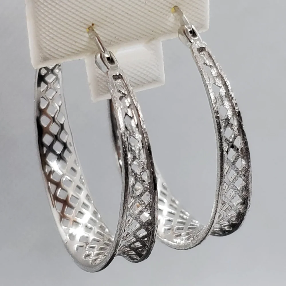Sterling Silver 925 Rhodium Plated Diamond Cut Snap-On Hoop Earring